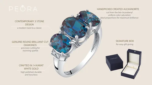 Vista 4 de Peora Anillo trino de tres piedras de oro blanco macizo de 14 quilates y piedras preciosas auténticas o creadas para mujer, tallas 5 a 9, Metal