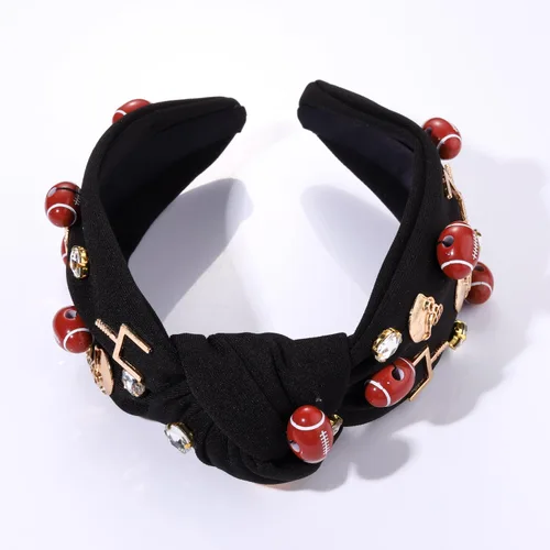 Vista 5 de Diadema de fútbol para mujer con diamantes de imitación de cristal con nudo superior, diadema negra para el día del juego, accesorios para la cabeza