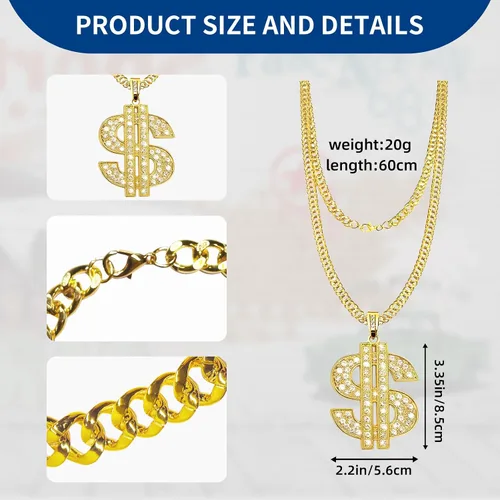Vista 2 de 90s Accessories Outfit for Men 80s Hip Hop Costumes Kit Fake Gold Chain Twist Leg Punk Sunglasses and Rings Adjustable Boom Box Rapper Accessories