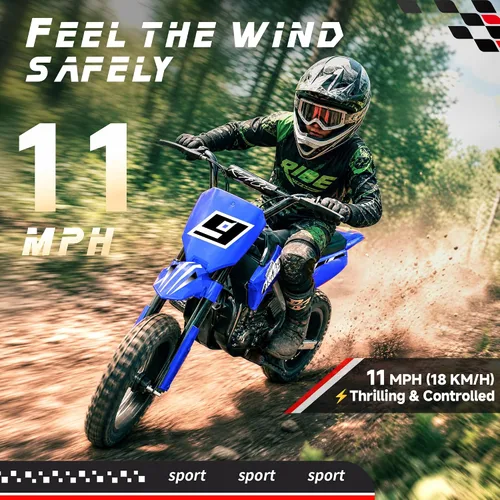 Vista 2 de Bicicleta eléctrica de 24 V para niños, acelera tp 11 MPH, Dirt Bike Azul