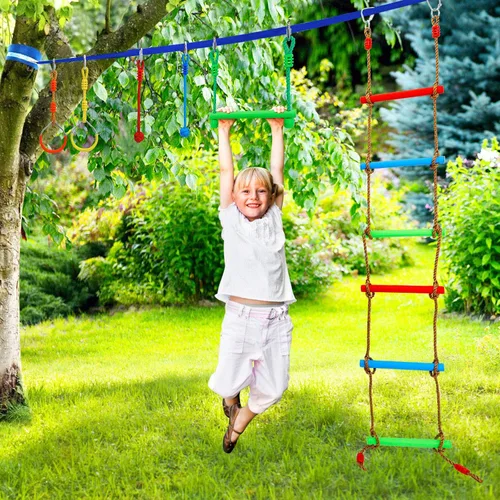 Vista 8 de Ninja Warrior Kit de carrera de obstáculos para niños Ninja Slackline con 10 accesorios, barras de mono, escalera, cuerda de escalada, anillos