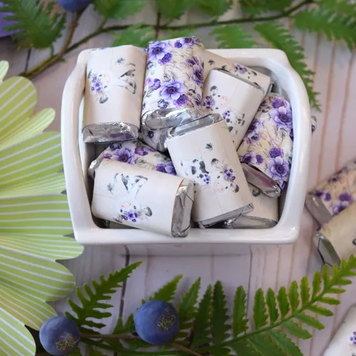 Vista 6 de Amanda Creation Acuarela Purple Cow Baby Shower Baby Shower Mini Chocolate Candy Bar Wrappers Wrappers Envoltura de 45 etiquetas envolventes de 1.4