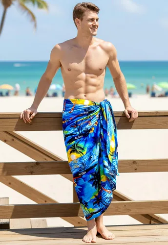 Vista 5 de LA LEELA Pareo de baño hawaiano pareo para hombre Azul