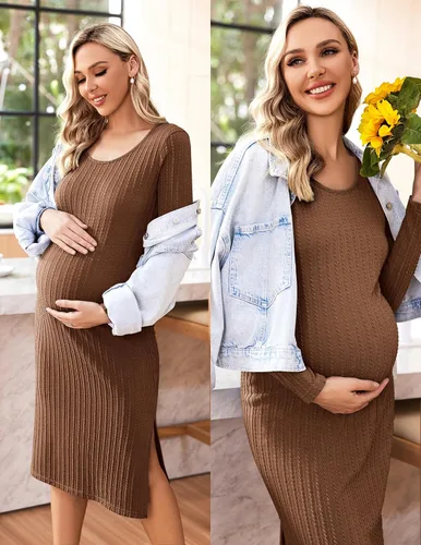 Vista 2 de Ekouaer Maternity Dress Rib Knit Long Sleeve Side Slit Bodycon Dresses Pregnancy Baby Shower Clothes S-XXL