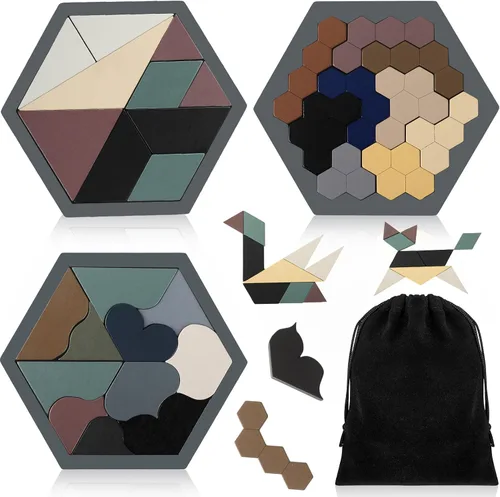 Vista 13 de Yunsailing Paquete de 3 rompecabezas grandes de madera hexagonal Tangram rompecabezas de madera rusa para adultos desafío teasers geométrico, lógica