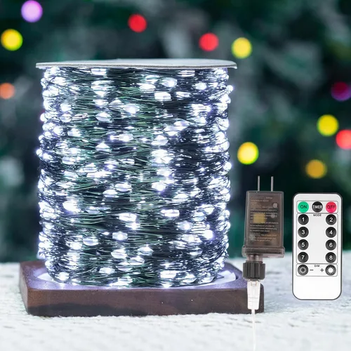 Vista 9 de Guirnalda de luces enchufables, 66 pies 200 LEDs luces LED de cadena impermeables, 8 modos de luz parpadeante con control remoto para exteriores