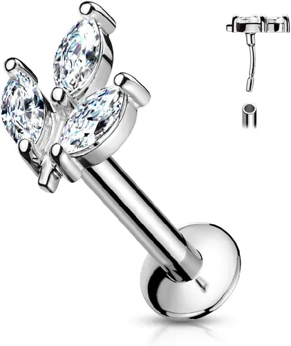 Vista 2 de Pierced Owl - 16GA Triple Crystal Marquise Acero Inoxidable Sin Rosca Push In Flat Back Labret Monroe Lip Stud