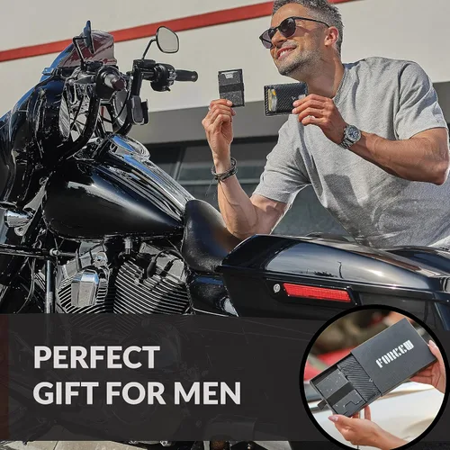 Vista 6 de FORCEW Paquete de 2 soportes para tarjetas de crédito para hombres Cartera desplegable con bloqueo RFID (placa trasera forjada del Pacífico)