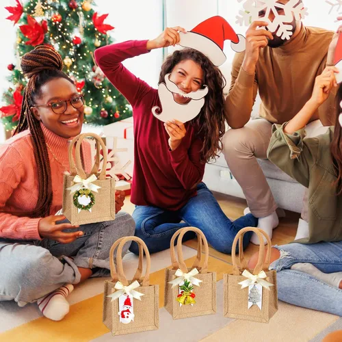 Vista 2 de Silkfly 20 mini bolsas de yute de arpillera con asa, pequeñas bolsas de comestibles reutilizables en blanco