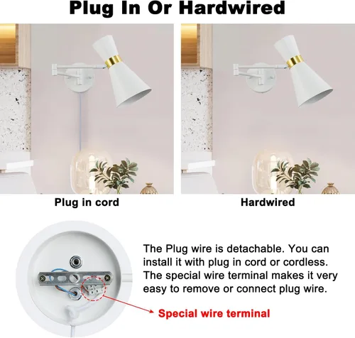 Vista 5 de Moderno aplique de pared con brazo oscilante, lámpara de pared enchufable para mesita de noche, accesorios de pared universales ajustables e