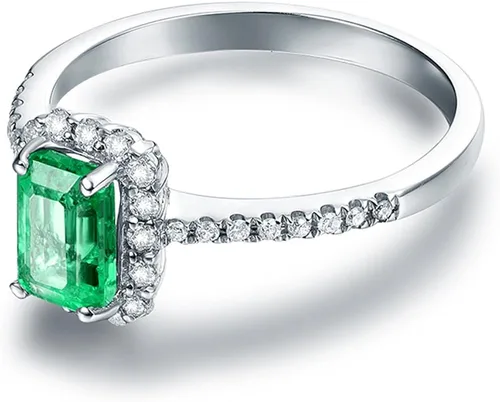 Vista 3 de Lanmi Anillo solitario de compromiso de oro blanco de 14 quilates, con esmeralda verde natural, diamantes para mujer, promoción, Oro blanco de 14