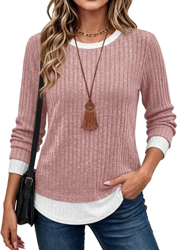 Vista 13 de WIHOLL Camisas de manga larga para mujer, trajes de otoño, suéteres ligeros Negro - blanco