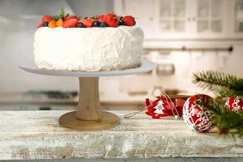 Vista 5 de Soporte de cerámica blanca para tartas con base de bambú, soporte para pasteles y postres para bodas y cumpleaños, decoración de cocina y hogar