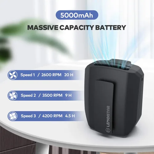 Vista 5 de LEMOISTAR Mini ventilador de cinturón portátil con clip de cintura, 5000 mAh, funciona con pilas, ventilador de collar portátil manos libres, máximo