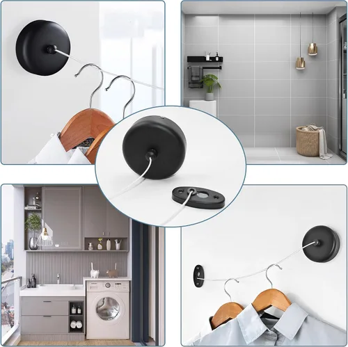 Vista 6 de SUS304 Tendedero retráctil con cuerda de ropa de nylon ajustable para cuarto de baño Lavandería Hoteles (negro)