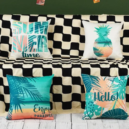 Vista 5 de ONWAY Juego de 4 fundas de almohada decorativas con temática de playa de 16 x 16 pulgadas con diseño de Hello Summer para decoración de fiesta