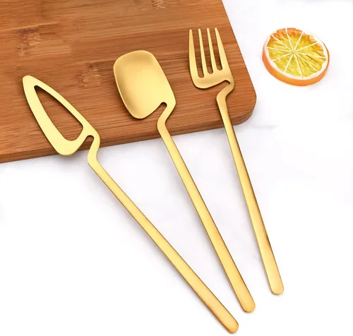 Vista 7 de Juego de cubiertos dorados mate, 20 piezas de cubiertos de acero inoxidable 304 colgantes para 4, juego de utensilios de cocina con acabado Oro