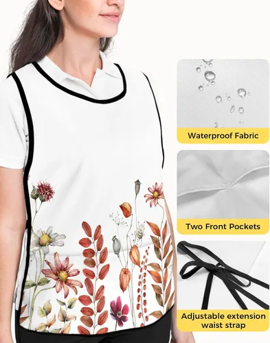 Vista 4 de Unisex Cobbler Apron Flower Daisy Leaves Vest Cobbler Aprons Autumn Orange Red Rustic Smock Apron with 2 Pockets