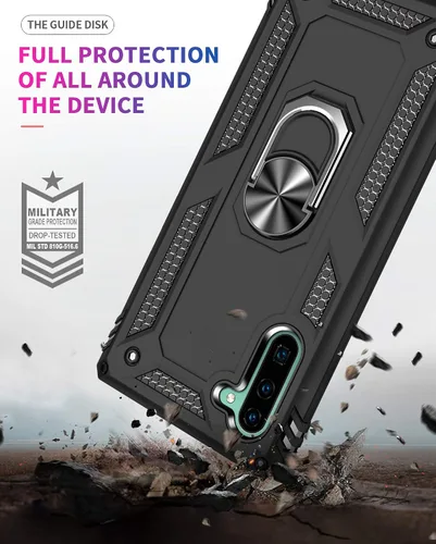 Vista 6 de Funda para Samsung Galaxy Note 10, Note10 con protectores de pantalla HD, soporte de anillo de metal de grado militar con soporte de anillo de Negro