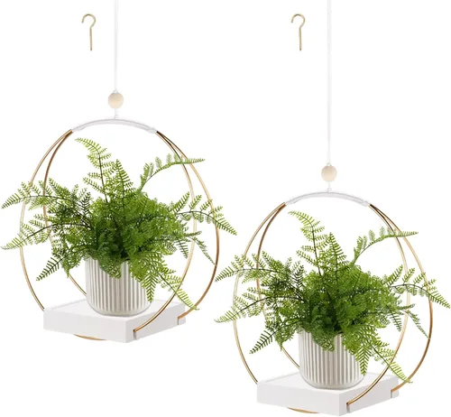 Vista 19 de Maceta colgante para plantas de interior, colgador de plantas negro para interiores con base de madera resistente, colgador de plantas de macramé