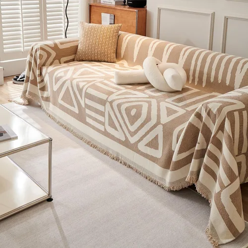 Vista 7 de VClife Funda bohemia de felpilla para sofá, apta para mascotas, gruesa, beige, crema, blanco, a cuadros, triangular, con borlas, agradable a
