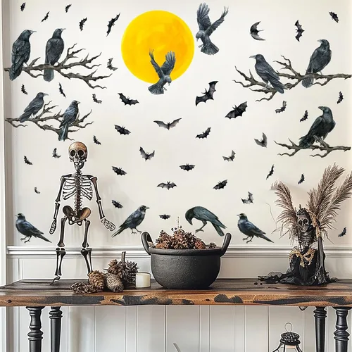 Vista 15 de Calcomanías de pared de ramas de árbol de Halloween, cuervo negro, pájaro, pájaro, pelar y pegar, calcomanías de cuervo para jaula de pájaro, Jaula