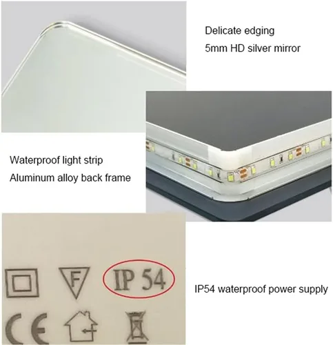 Vista 8 de Espejo de maquillaje rectangular sin marco, espejo de baño LED de tacto inteligente, luz cálida, espejo de pared horizontal/vertical, pantalla
