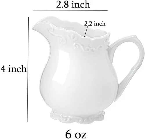 Vista 6 de Crema de cerámica blanca pura vintage con asa, jarra de crema de leche de café de 6 onzas