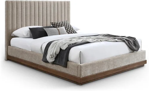Vista 10 de Meridian Furniture B1245Beige-T Emmet Collection Modern Cama individual contemporánea con tela de felpilla beige suave, acabado de nogal, base