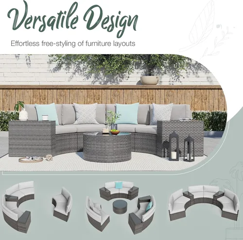 Vista 5 de SUNSITT Juego de 8 muebles curvados de media luna para patio al aire libre, sofá seccional de mimbre gris, cojines gris claro con 2 mesas auxiliares