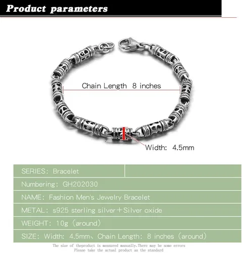 Vista 2 de Vintage Men 100% 925 Pulsera de plata esterlina punk hip-hop masculino sólido plata pura 7-8 pulgadas cadena mano catenaria joyería