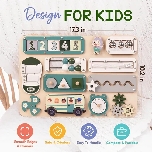 Vista 6 de KALOTOYS Tablero de actividades Montessori grande, juguetes sensoriales para niños de 1, 2, 3 años, habilidades motoras finas y aprendizaje Verde