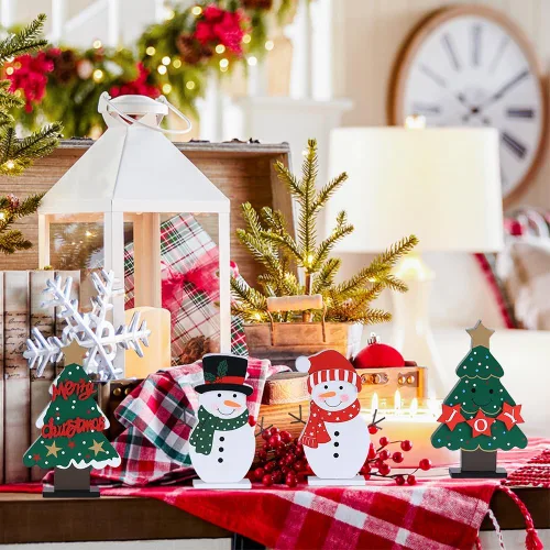 Vista 9 de DECSPAS Decoraciones navideñas para interiores, 4 piezas de árboles de Navidad de madera y muñecos de nieve para decoración de mesa de centro