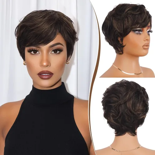 Vista 10 de RUWISS Peluca de cabello humano con corte Pixie, pelucas cortas para mujeres negras con flequillo, peluca natural en capas, sin pegamento, # 1B/30