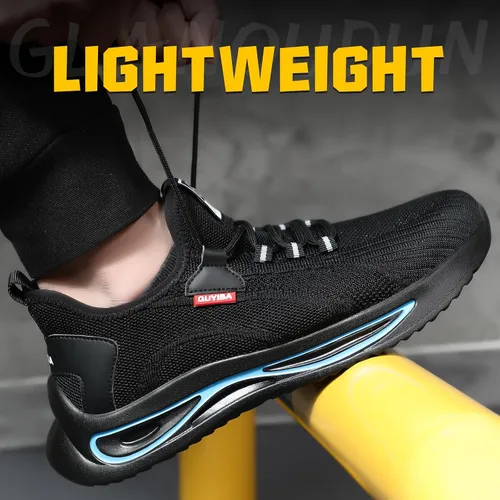 Vista 5 de GLANOUDUN Zapatos de punta de acero para hombre, zapatos de trabajo ligeros para hombres, zapatos de trabajo negros con punta de acero, zapatos