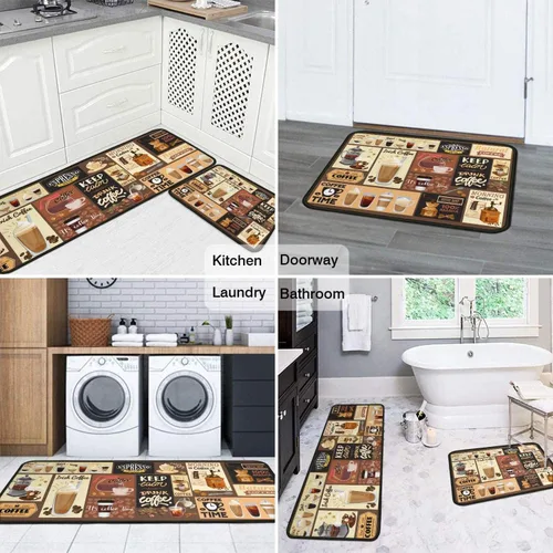 Vista 4 de Alfombras y esteras de cocina con tema de café (2 piezas), alfombra de cocina negra antideslizante lavable, suave, superabsorbente, juego