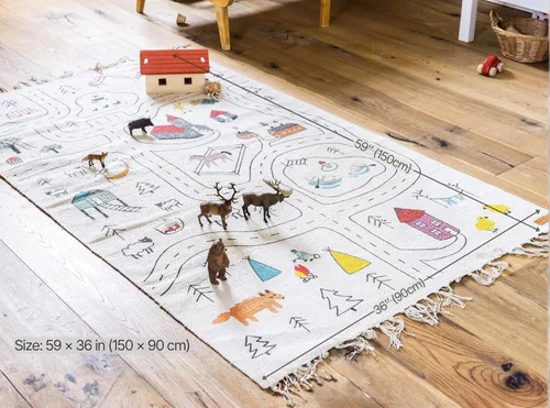 Vista 3 de Alfombra tejida a mano de algodón orgánico para niños (59 x 35 pulgadas), diseño de mapa de ruta de la ciudad, no tóxica y ecológica, alfombra suave