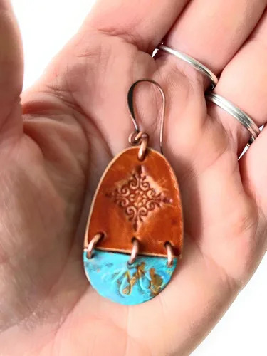 Vista 2 de Boho Leather Stamped Scroll & Turquoise Rust Copper Earrings (Antique Brass Earwires)