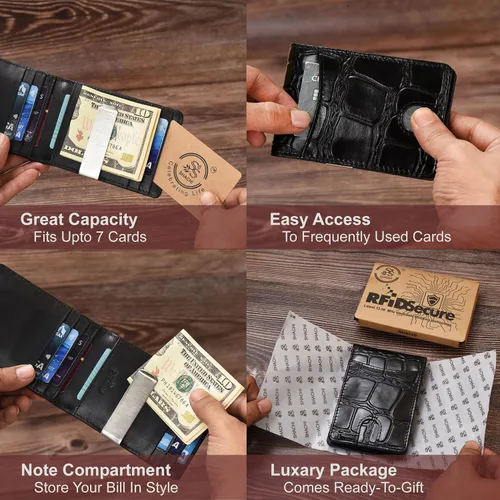 Vista 3 de S S SHACHI Cartera de cuero para hombre con bloqueo RFID, bolsillo frontal con 9 ranuras, cuero auténtico de grano completo, tarjetero múltiple