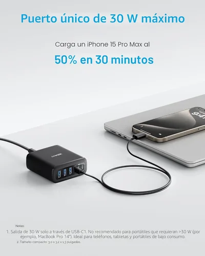 Vista 3 de Cargador de escritorio Anker, cargador USB C de carga rápida, estación de carga de 6 puertos con 112W máx, para iPhone 17, iPad, MacBook, Samsung