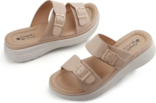 Vista 6 de JABASIC Sandalias deslizantes para mujer, cómodas y ajustables con plataforma de doble hebilla