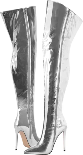 Vista 6 de richealnini Botas altas metálicas hasta el muslo con cremallera lateral, sexy, cerrada, puntiaguda, tacones de aguja, botas de motociclista, vestido