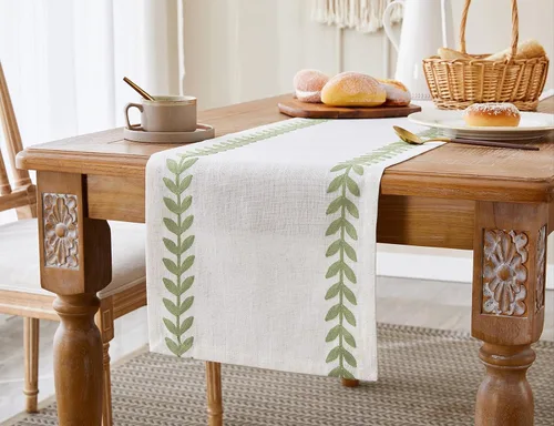 Vista 7 de Camino de mesa bordado de estilo rústico, 13 x 36 pulgadas, caminos de mesa irregulares de hojas de sauce de 36 pulgadas de largo para decoración