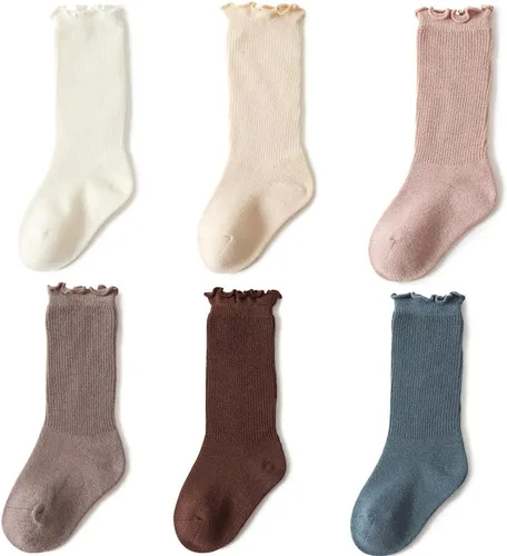 Vista 2 de Exegawe Calcetines de algodón para bebés y niñas, calcetines largos de algodón para niños pequeños, acogedores, cálidos, de color sólido, calcetines