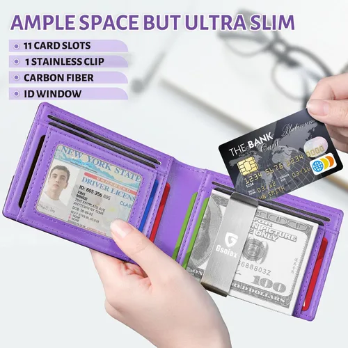 Vista 3 de GSOIAX Billetera delgada para hombre con clip para dinero, bloqueo RFID, minimalista, de piel auténtica, de fibra de carbono, 11 ranuras