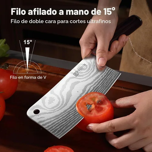 Vista 2 de Cuchillo PAUDIN, cuchillo de carnicero ultra afilado de 7 pulgadas, cuchillo de carnicero de acero inoxidable de alto carbono con mango de madera