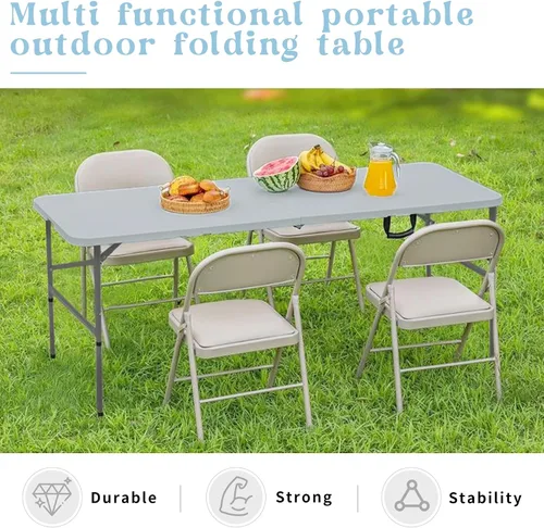 Vista 6 de Juego de 2 mesas plegables de 4 pies, mesa de camping portátil de plástico resistente, rectangular, mesa de comedor al aire libre, patas de acero