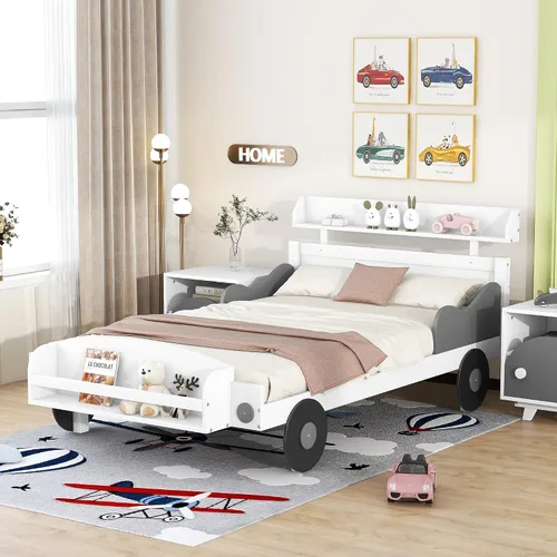 Vista 16 de Quarte Cama de suelo de madera de tamaño individual con cabecera en forma de casa, marco de cama de plataforma de madera para dormitorio,