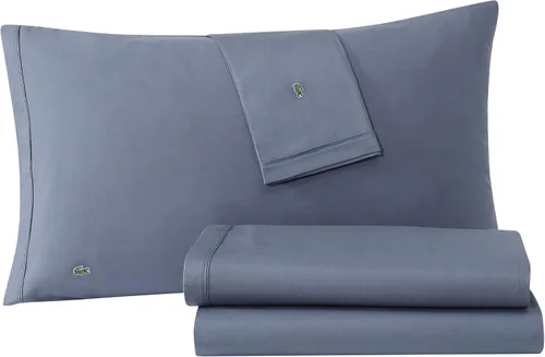 Vista 26 de Lacoste Juego de sábanas de 3 piezas 100% percal de algodón, frescas, crujientes, mate y duraderas, con certificación Oeko-Tex, color liso, azul