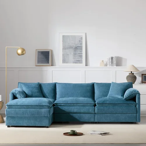 Vista 55 de Moderno sofá modular en forma de U con almohadas para la cintura, sofá cama con diván, sofá tapizado simétrico de felpilla de 6 asientos para sala